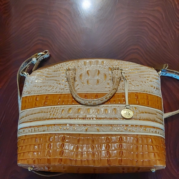 Brahmin Handbags - Brahmin Arno Vineyard Tri-texture Croc-Embossed Tan and Brown Shoulder Handbag